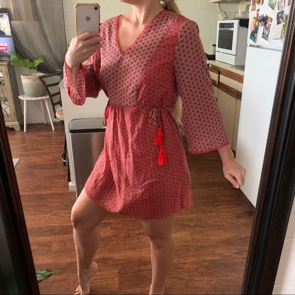 Boden Red Floral Print Tunic Dress Tassel Pom Pom - Picture 5 of 13